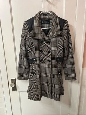 GUESS Black and White Plaid Double-Breasted Pea Coat